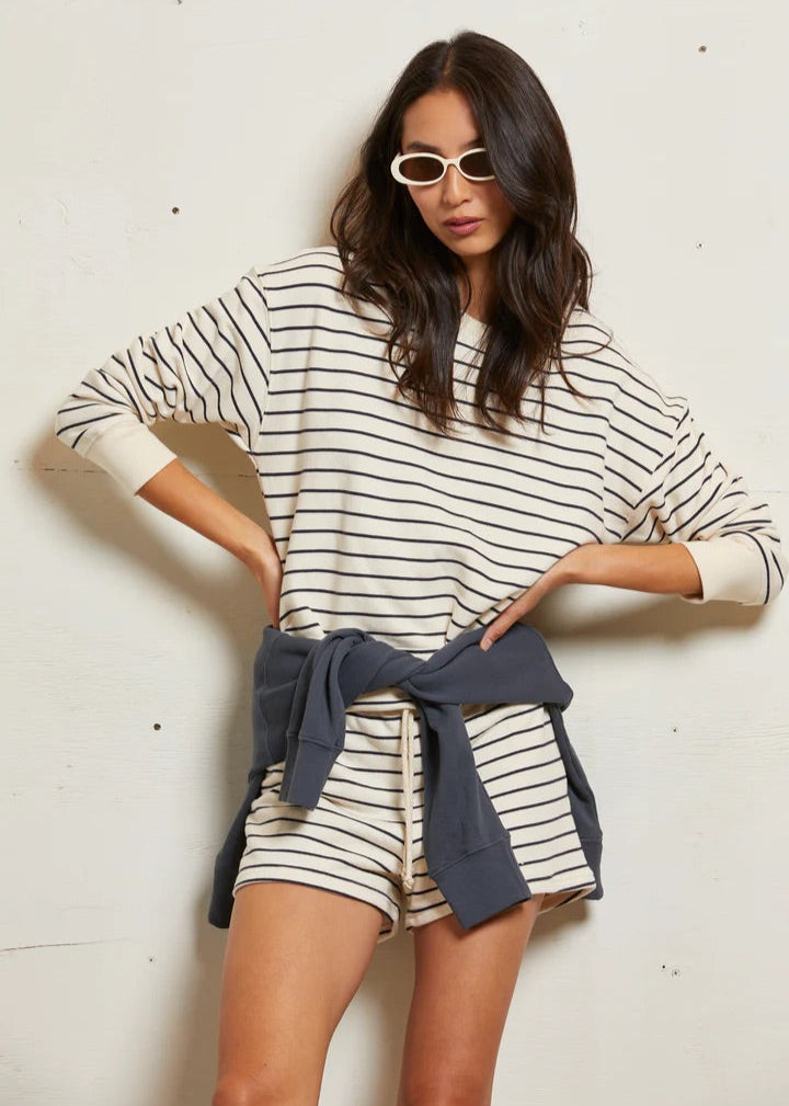 Perfect White Tee Layla Stripe French Terry Striped Sweatshort | Natural/Night Stripe