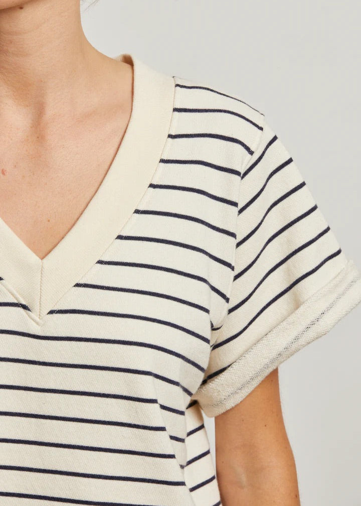 Perfect White Tee Briggs Stripe French Terry Short Sleeve Crew Sweatshirt | Natural/Night Stripe