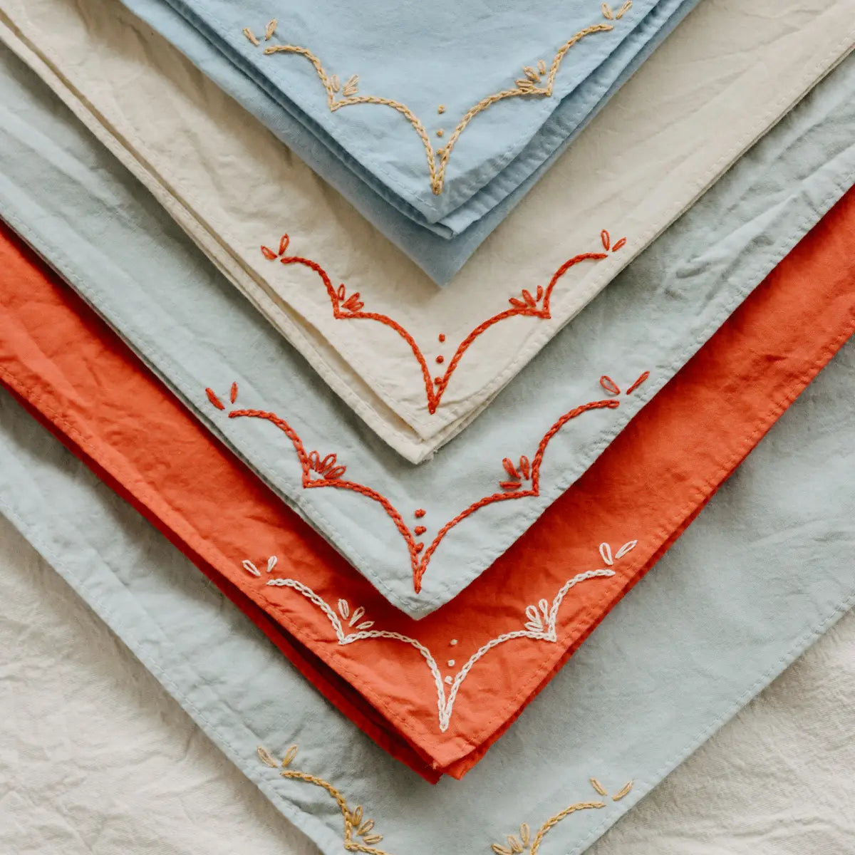 Eloise et Moi Hand Embroidered Rodeo Cotton Bandana Hand Dyed | Sky/Red Thread