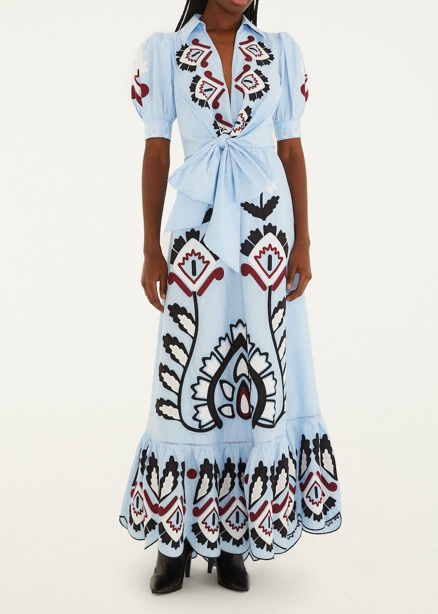 FARM Rio Blue Artisanal Short Sleeve Maxi Dress Blue / M