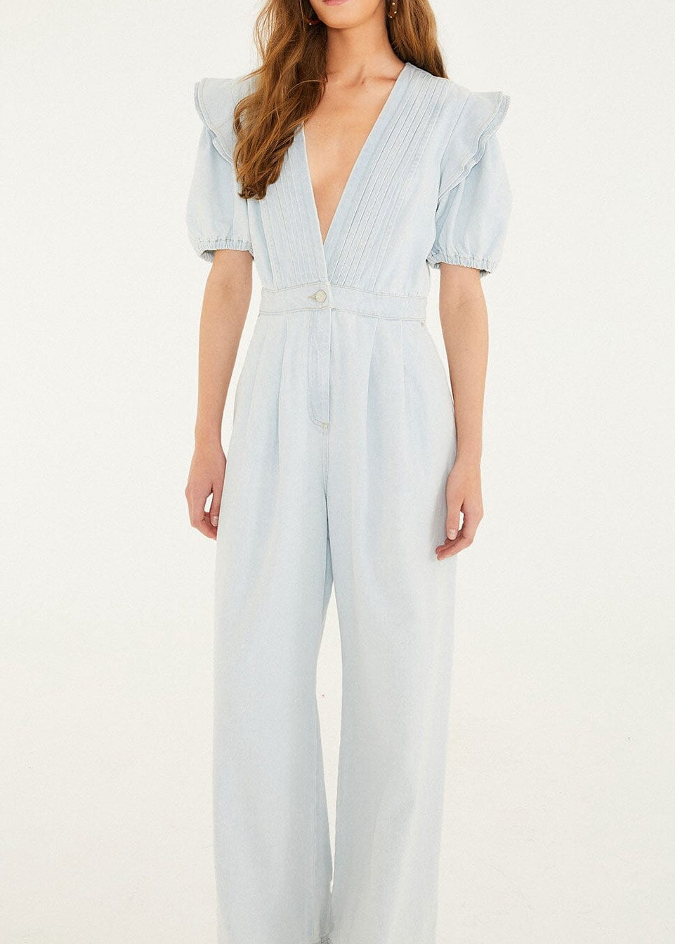 FARM Rio Denim V Neck Pleated Ruffled Jumpsuit
