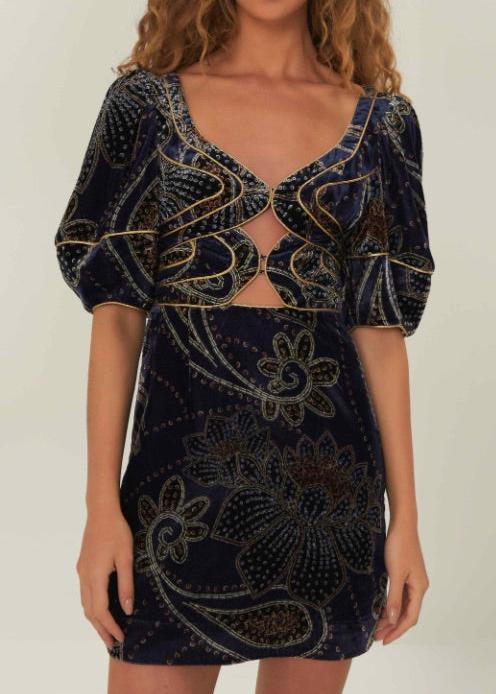 FARM Rio Floral Glam Scarf Blue Velvet Mini Dress