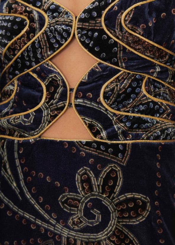 FARM Rio Floral Glam Scarf Blue Velvet Mini Dress