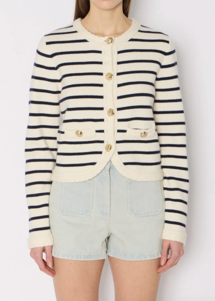 Berenice Gloria White Cardigan With Blue Stripes And Gold Buttons