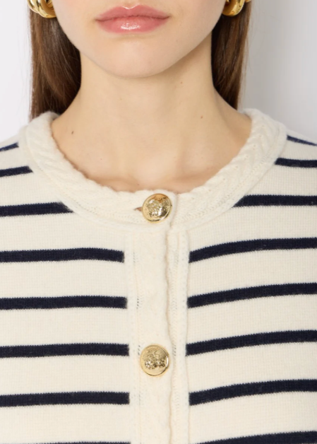 Berenice Gloria White Cardigan With Blue Stripes And Gold Buttons
