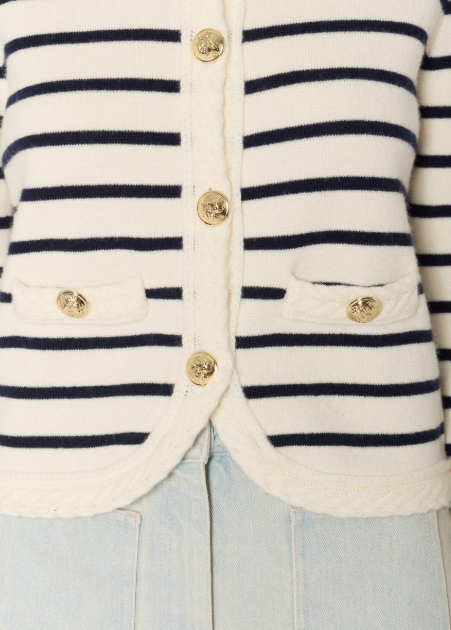 Berenice Gloria White Cardigan With Blue Stripes And Gold Buttons