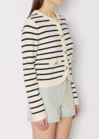 Berenice Gloria White Cardigan With Blue Stripes And Gold Buttons
