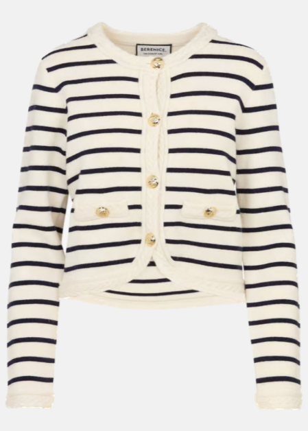 Berenice Gloria White Cardigan With Blue Stripes And Gold Buttons