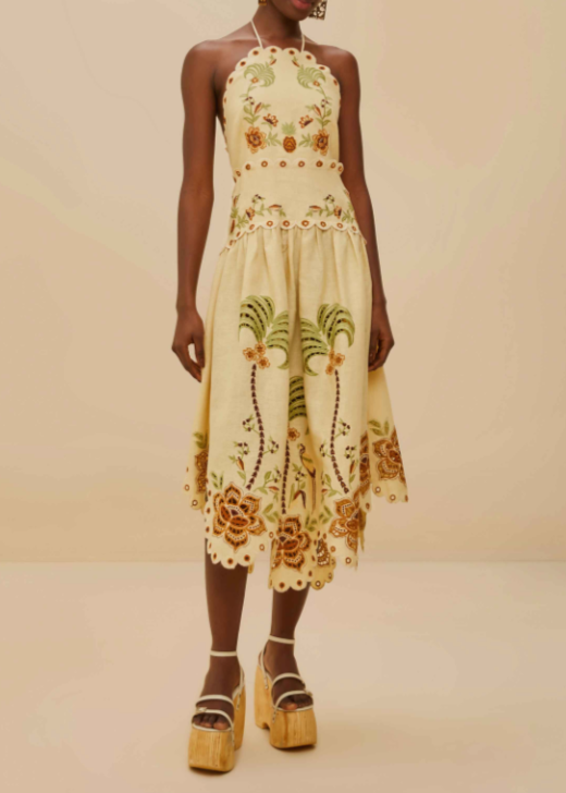 FARM Rio Delicate Forest Sand Richelieu Embroidered Midi Dress