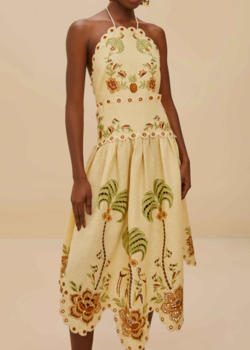FARM Rio Delicate Forest Sand Richelieu Embroidered Midi Dress