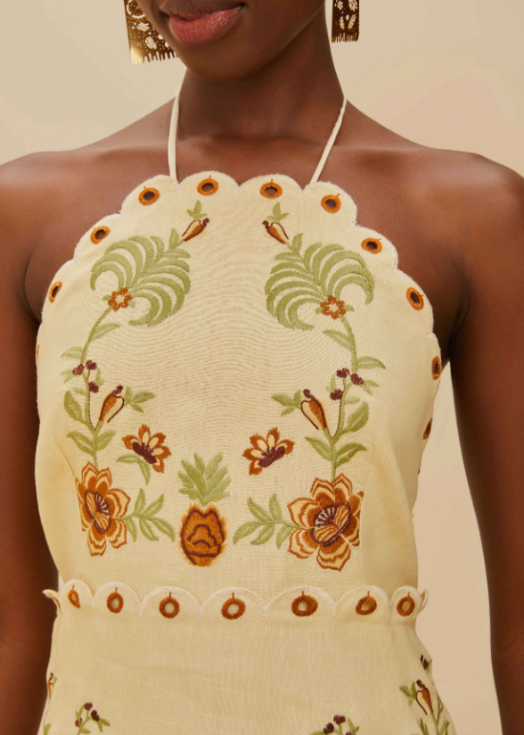 FARM Rio Delicate Forest Sand Richelieu Embroidered Midi Dress