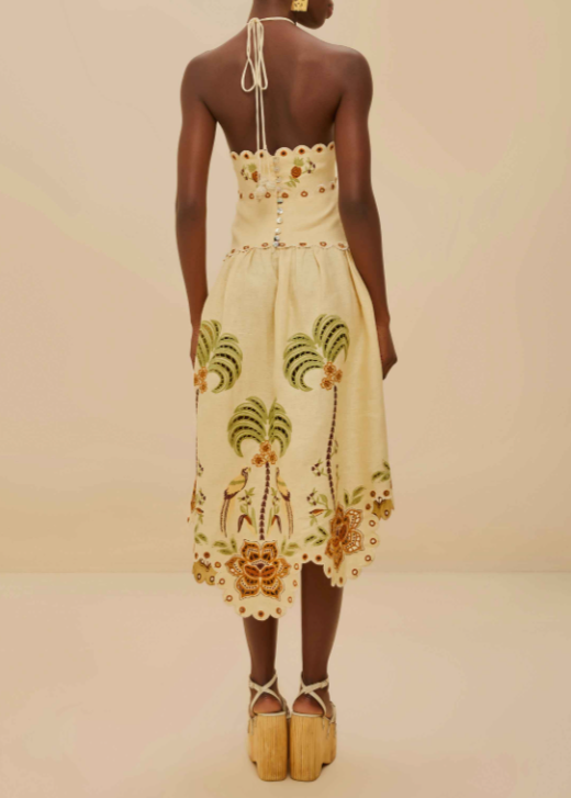 FARM Rio Delicate Forest Sand Richelieu Embroidered Midi Dress