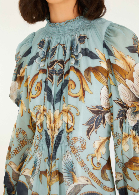 FARM Rio Snake Garden Blue Long Sleeve Mini Dress