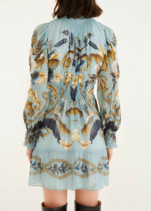 FARM Rio Snake Garden Blue Long Sleeve Mini Dress