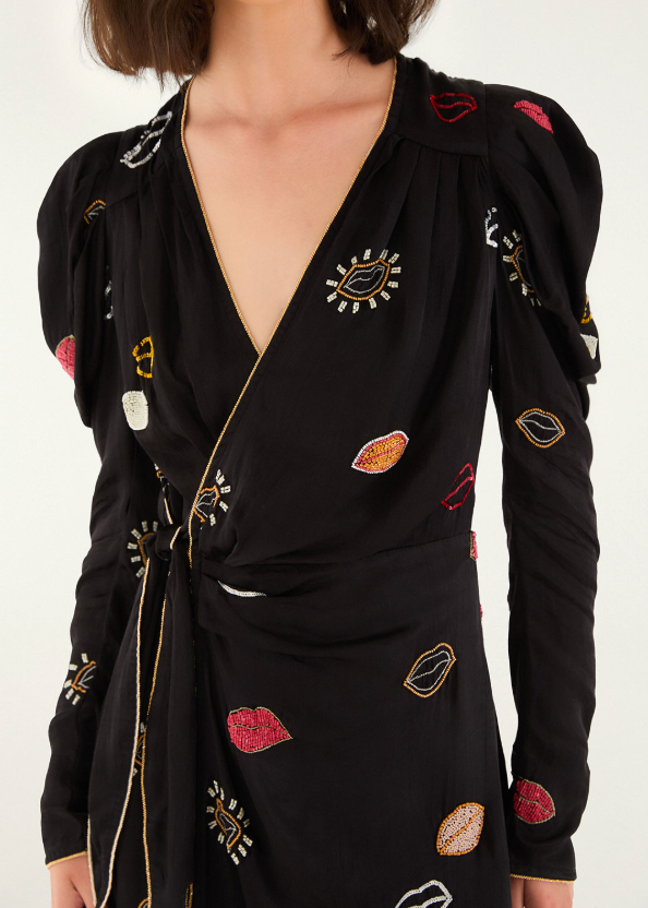 FARM Rio Beaded Kisses Black Wrap Mini Dress