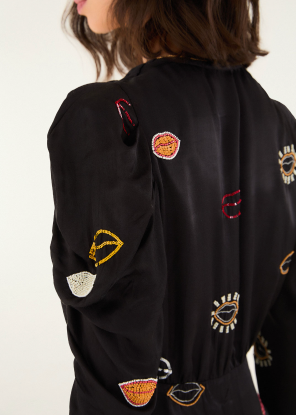 FARM Rio Beaded Kisses Black Wrap Mini Dress