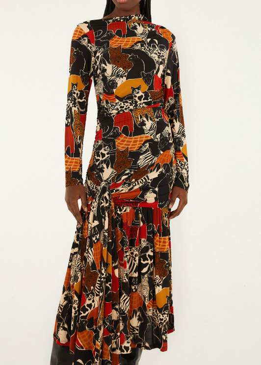 FARM Rio Cats And Dogs Black Long Sleeve Midi Dress