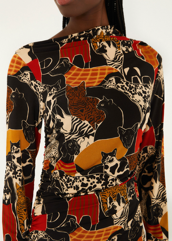 FARM Rio Cats And Dogs Black Long Sleeve Midi Dress