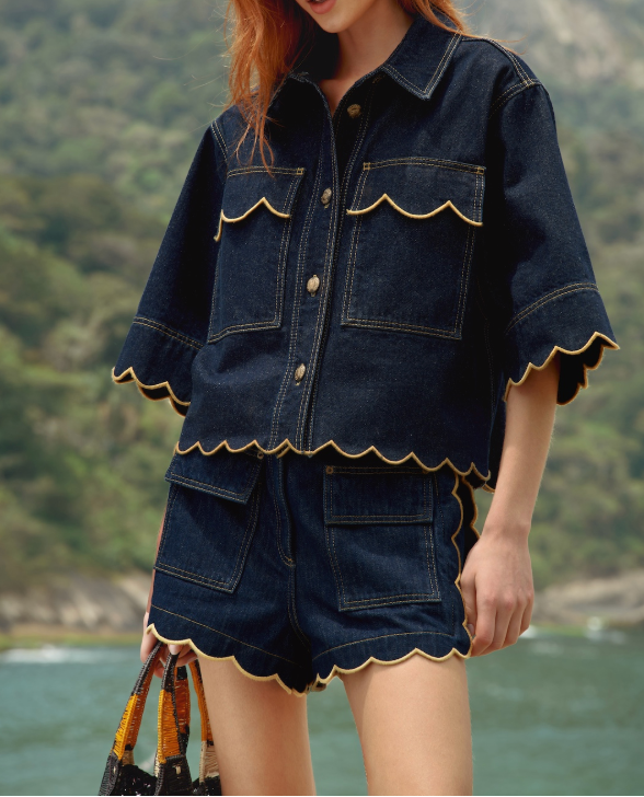 FARM Rio Dark Denim Wavy Hem Short Sleeve Shirt