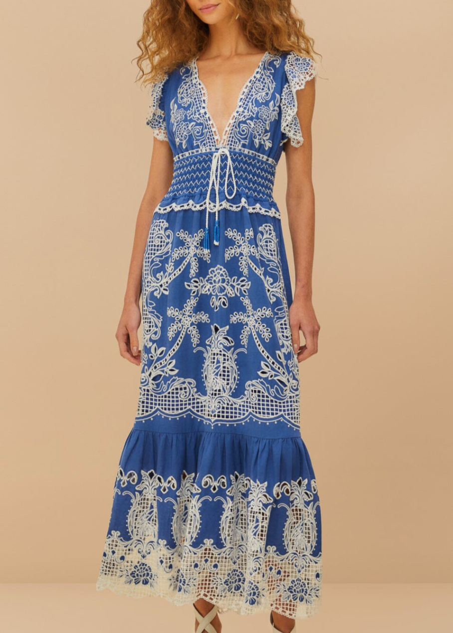 FARM Rio Romantic Richelieu Blue Maxi Dress