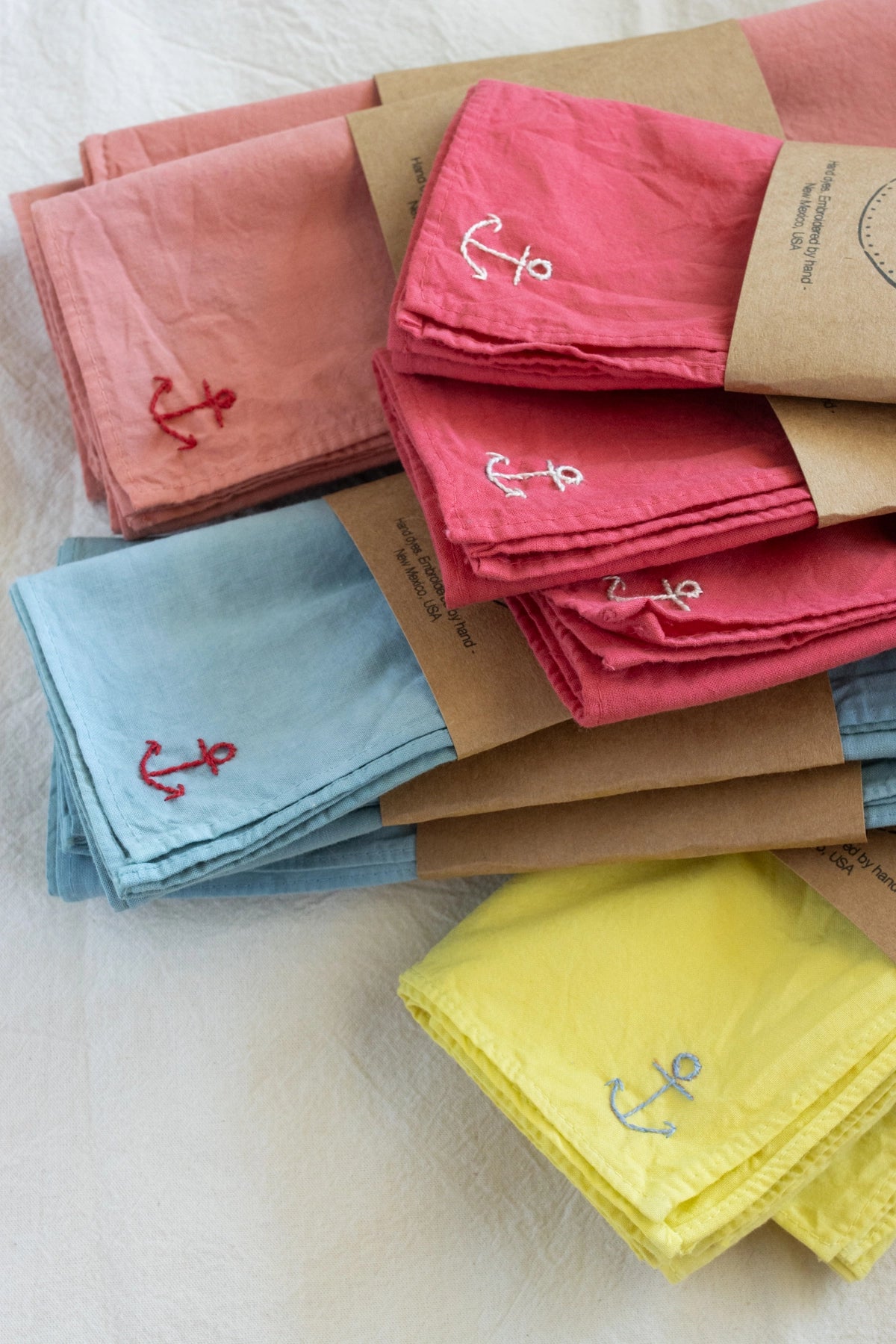 Eloise et Moi Hand Embroidered Vacances Cotton Bandana Hand Dyed | Sky/Red Thread