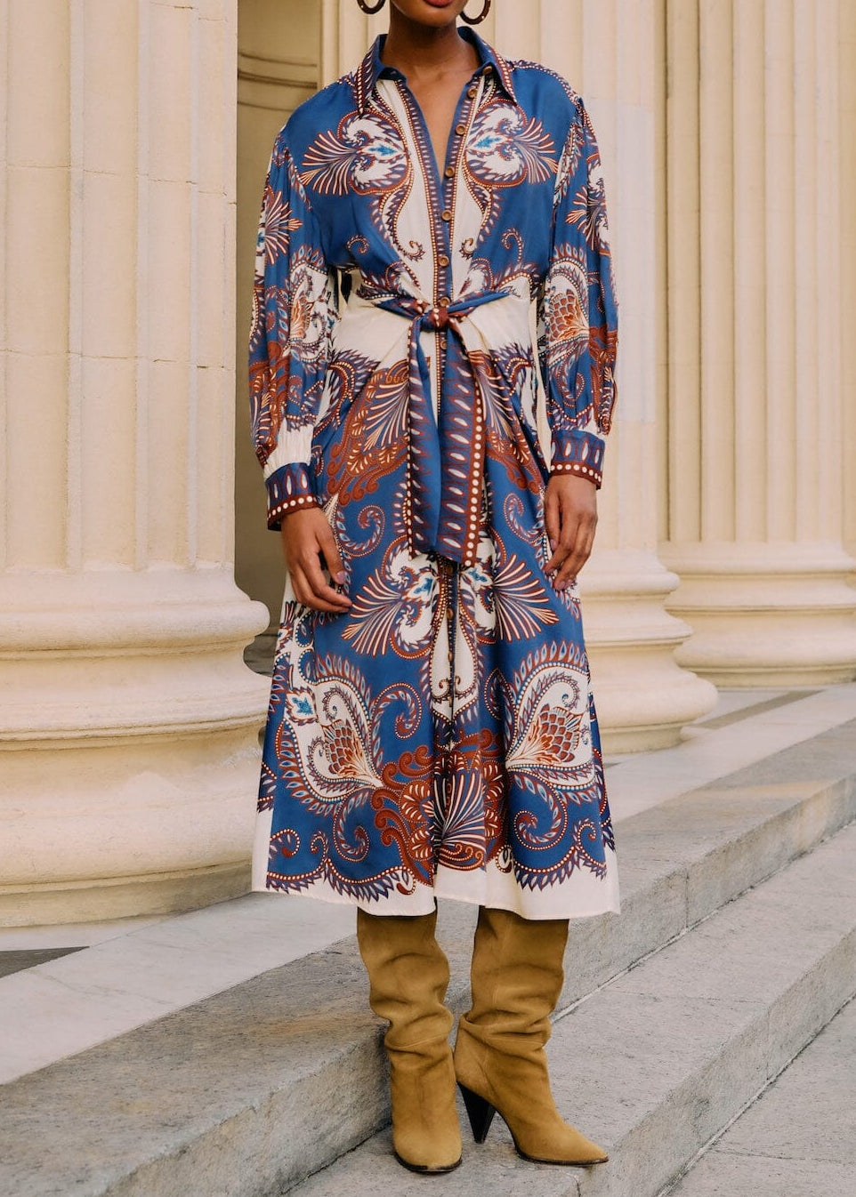 FARM Rio Arabesque Scarf Blue Midi Dress