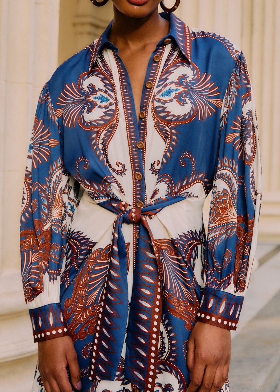 FARM Rio Arabesque Scarf Blue Midi Dress