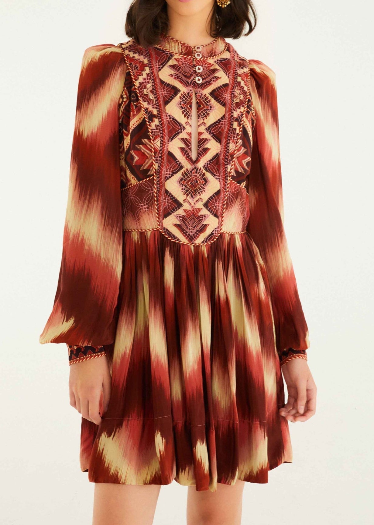 farm rio red dress FARM Rio Red Amanda Stripes Tapestry Quilted Mini Dress, Amanda Stripes IKAT Red / M