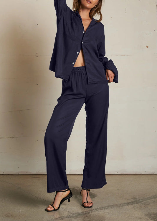 Perfect White Tee Melody Tencel Woven Long Sleeve Button Top | Navy