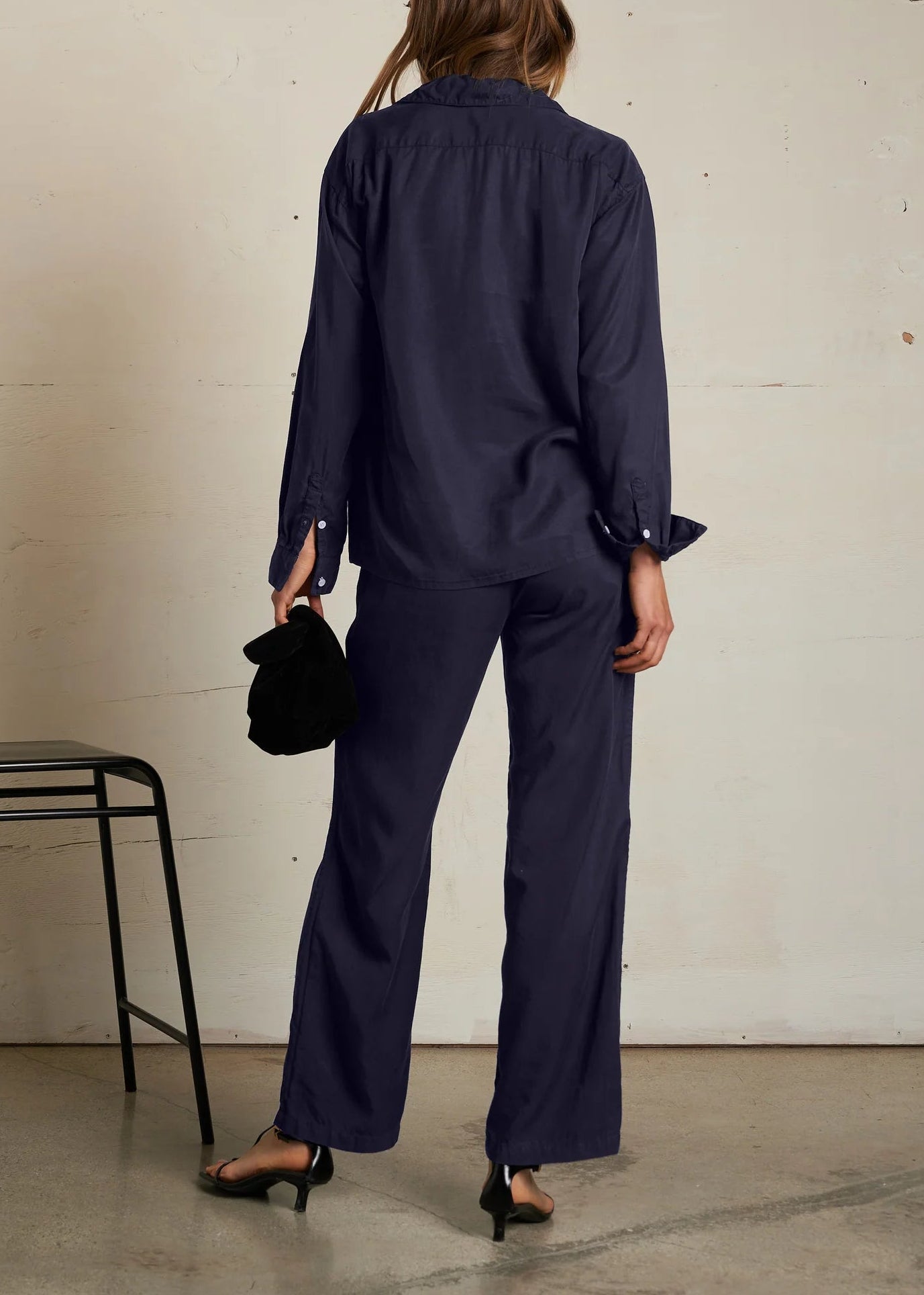 Perfect White Tee Melody Tencel Woven Long Sleeve Button Top | Navy