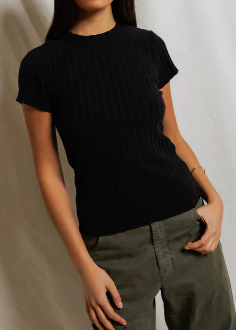 Perfect White Tee Suri Poorboy Rib Cap Sleeve Tee | True Black