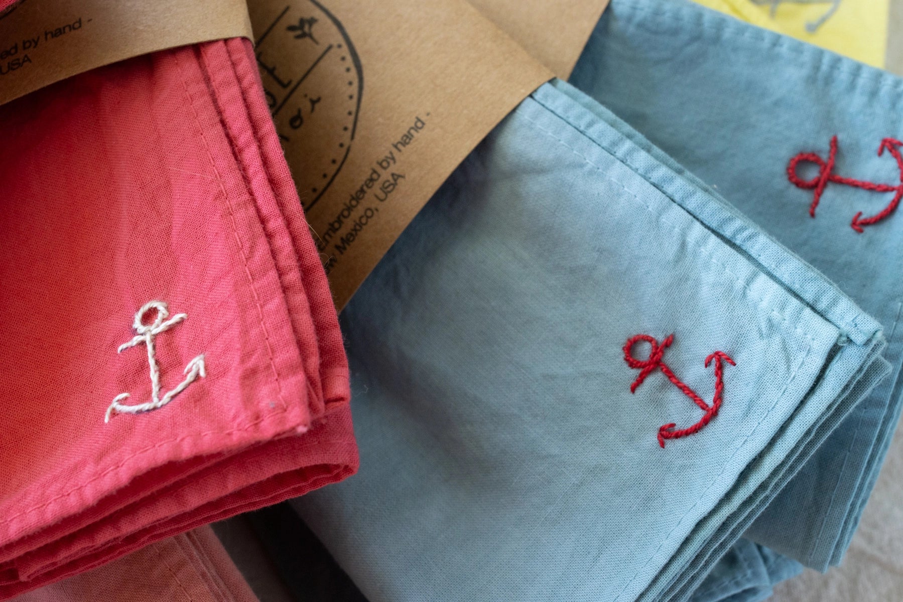 Eloise et Moi Hand Embroidered Vacances Cotton Bandana Hand Dyed | Sky/Red Thread