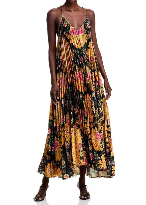 FARM Rio Arabesque Floral Black Pleated Sleeveless Midi Dress