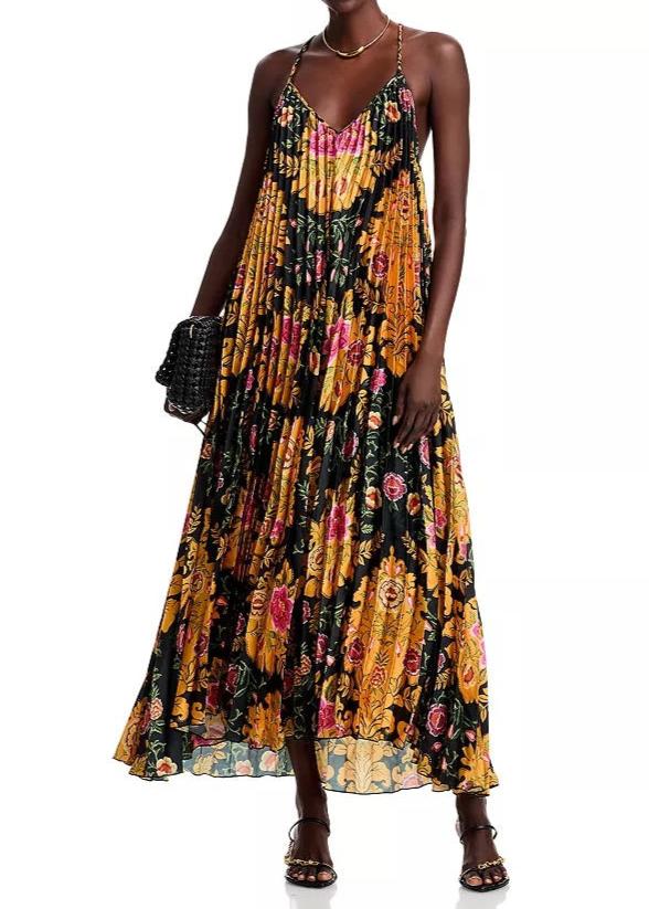 FARM Rio Arabesque Floral Black Pleated Sleeveless Midi Dress