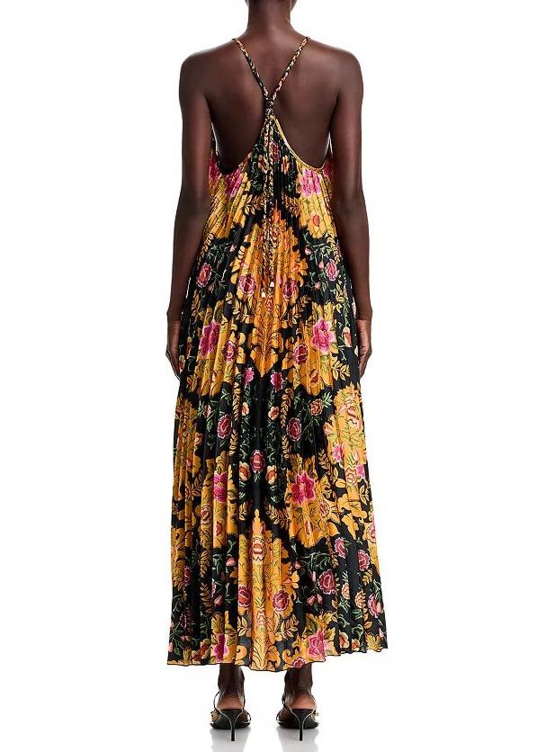 FARM Rio Arabesque Floral Black Pleated Sleeveless Midi Dress