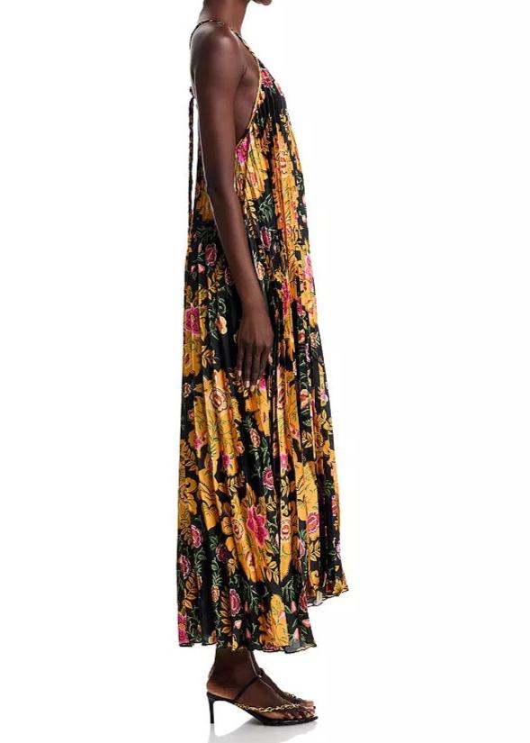 FARM Rio Arabesque Floral Black Pleated Sleeveless Midi Dress