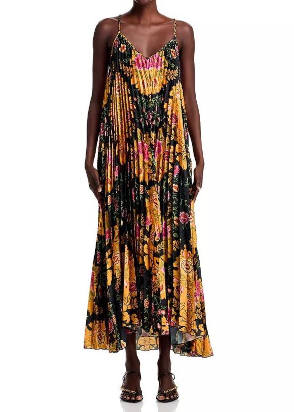 FARM Rio Arabesque Floral Black Pleated Sleeveless Midi Dress