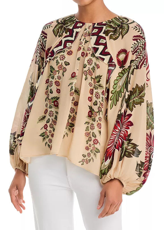 FARM Rio Ligia Floral Cascade Beige Long Sleeve Blouse