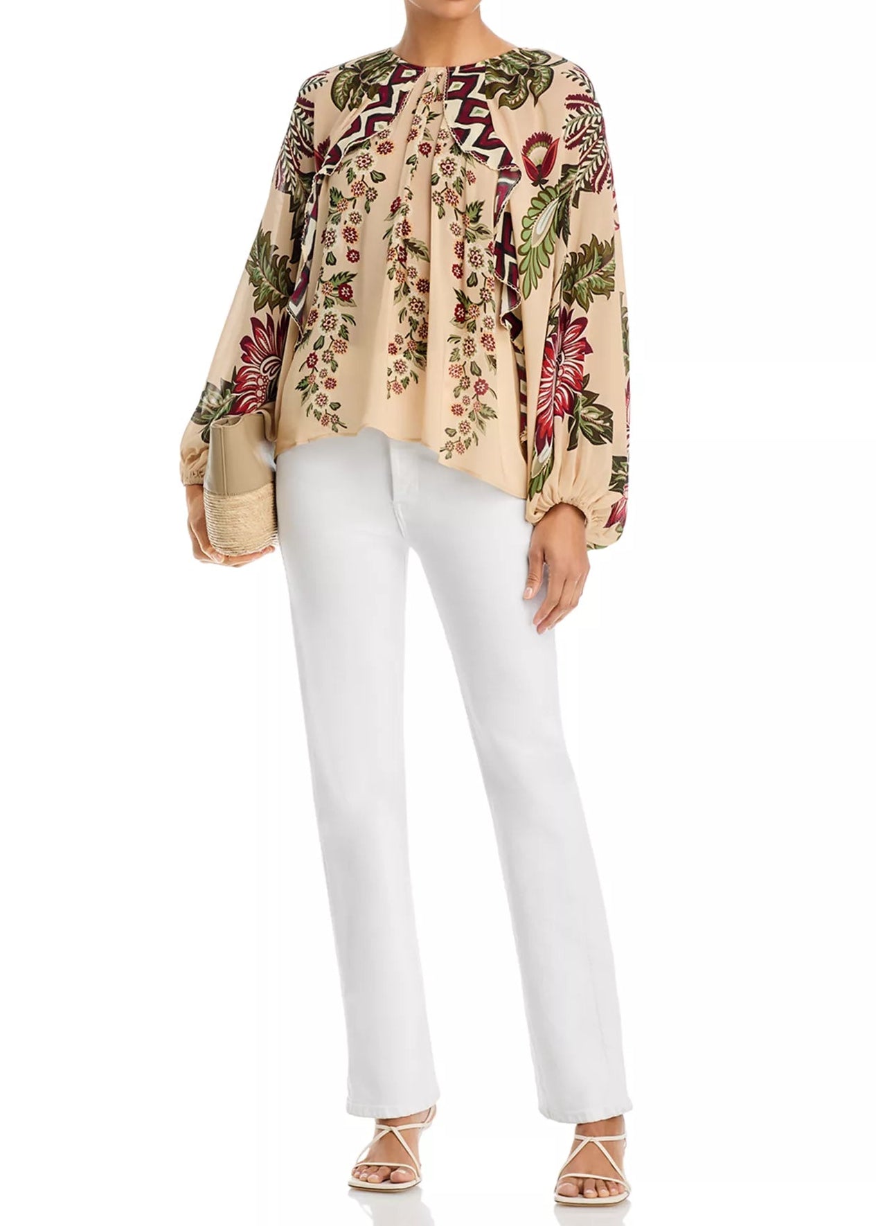 FARM Rio Ligia Floral Cascade Beige Long Sleeve Blouse