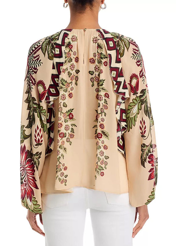 FARM Rio Ligia Floral Cascade Beige Long Sleeve Blouse