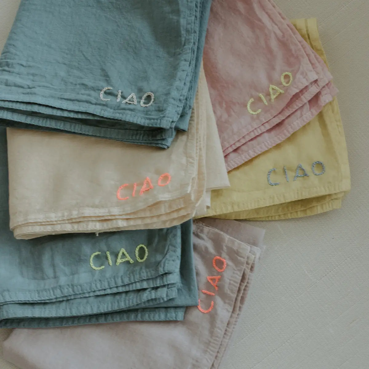 Eloise et Moi Hand Embroidered Organic Cotton Bandana Ciao Bandana | Sand/Neon Pink