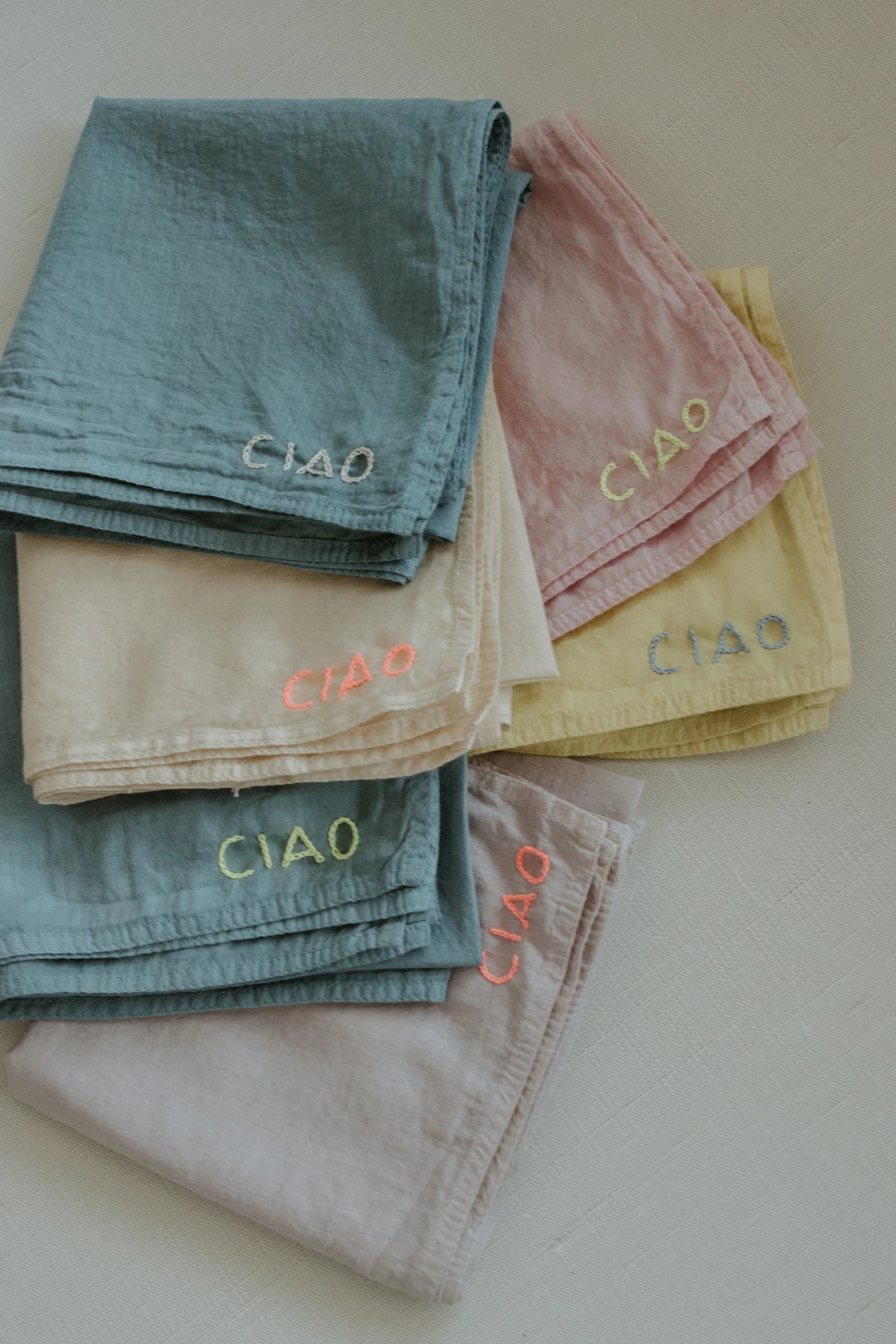 Eloise et Moi Hand Embroidered Organic Cotton Bandana Ciao Bandana | Sand/Neon Pink