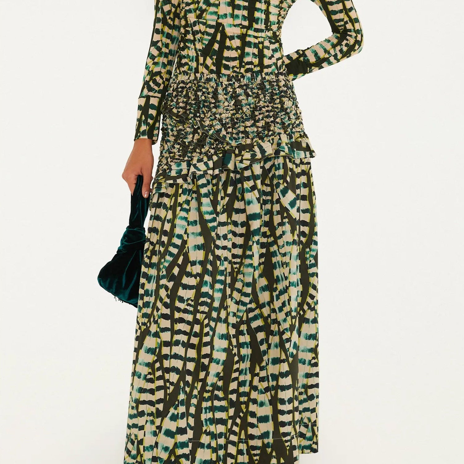 FARM Rio Striped Leaves Moss Green Midi Skirt