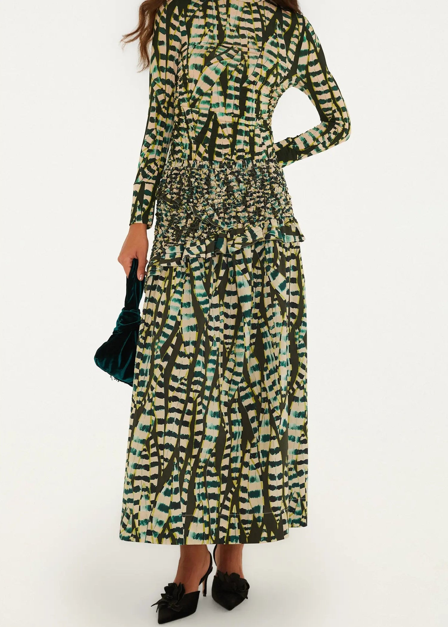 FARM Rio Striped Leaves Moss Green Midi Skirt