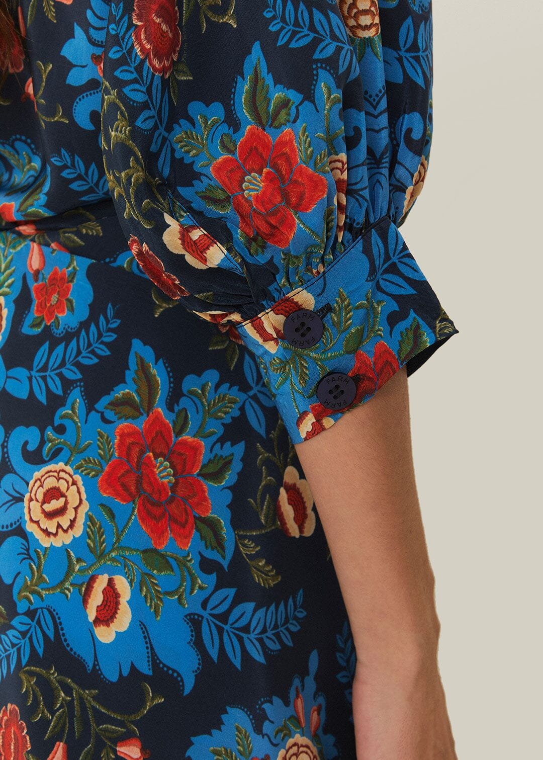 FARM Rio Blue Arabesque Floral Midi Dress tenley dietrich