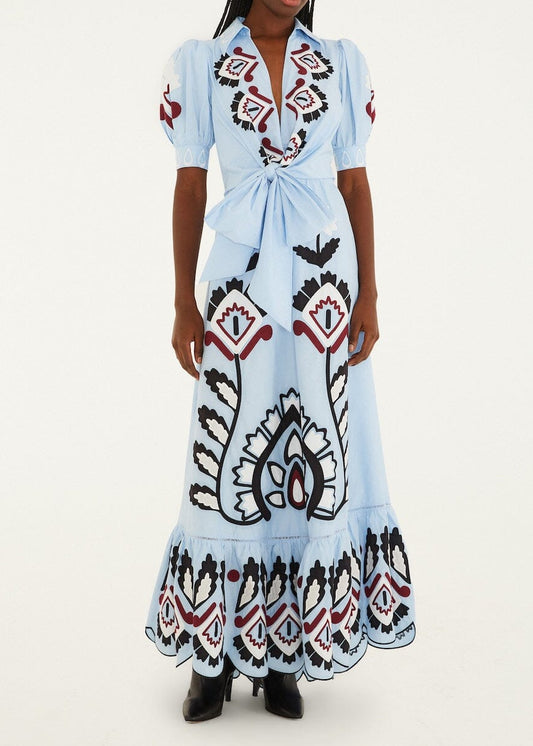 FARM Rio Blue Artisinal Short Sleeve Maxi Dress