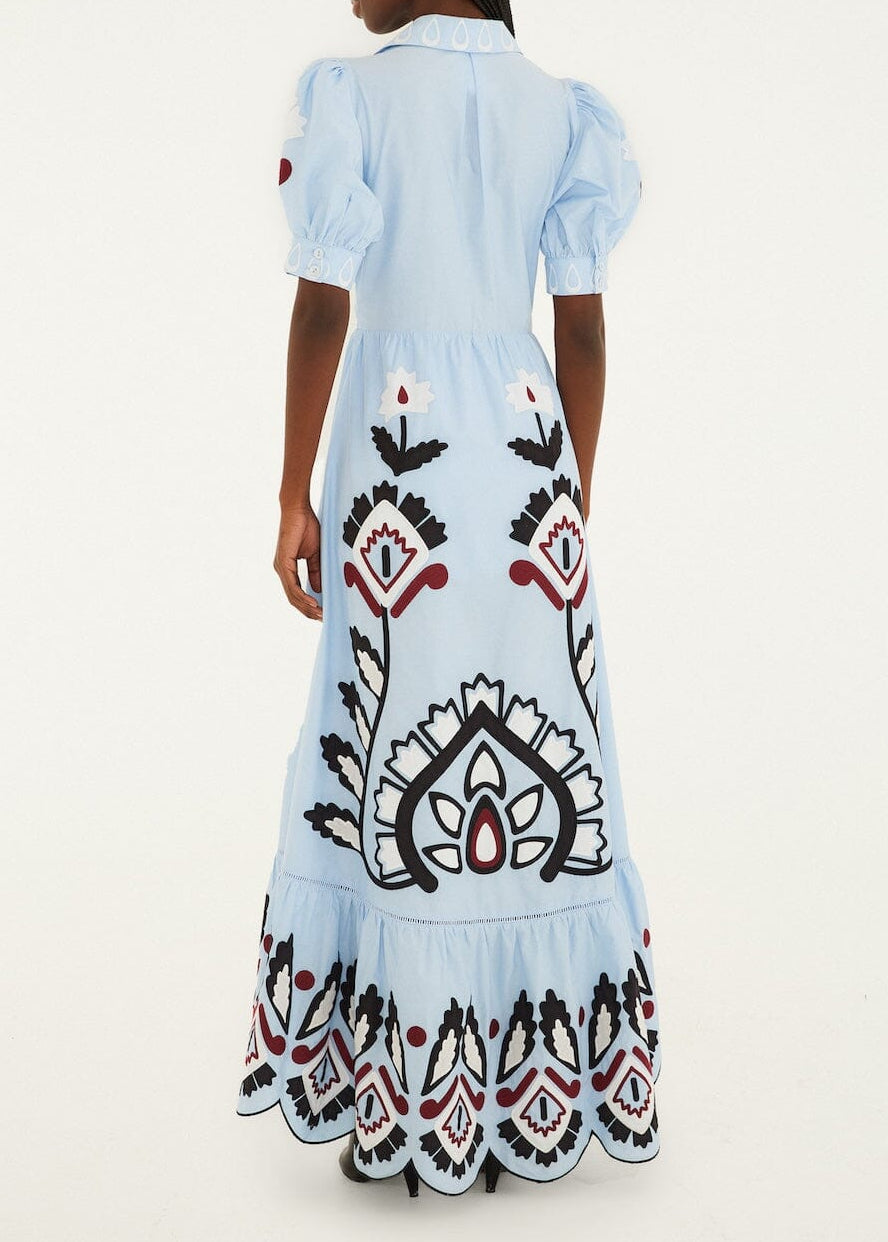 FARM Rio Blue Artisinal Short Sleeve Maxi Dress