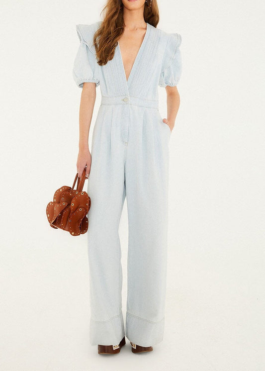 FARM Rio Denim V Neck Pleated Ruffled Jumpsuit