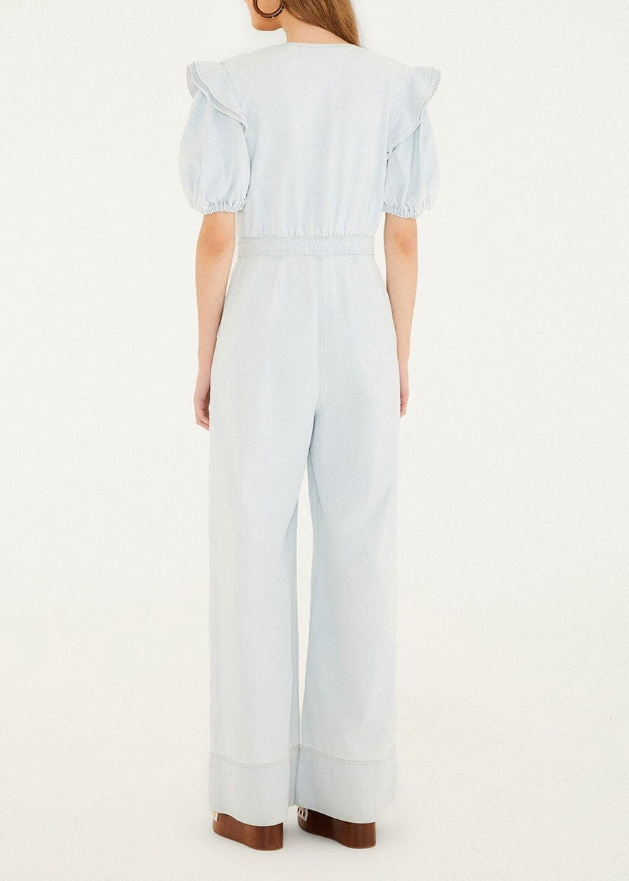FARM Rio Denim V Neck Pleated Ruffled Jumpsuit