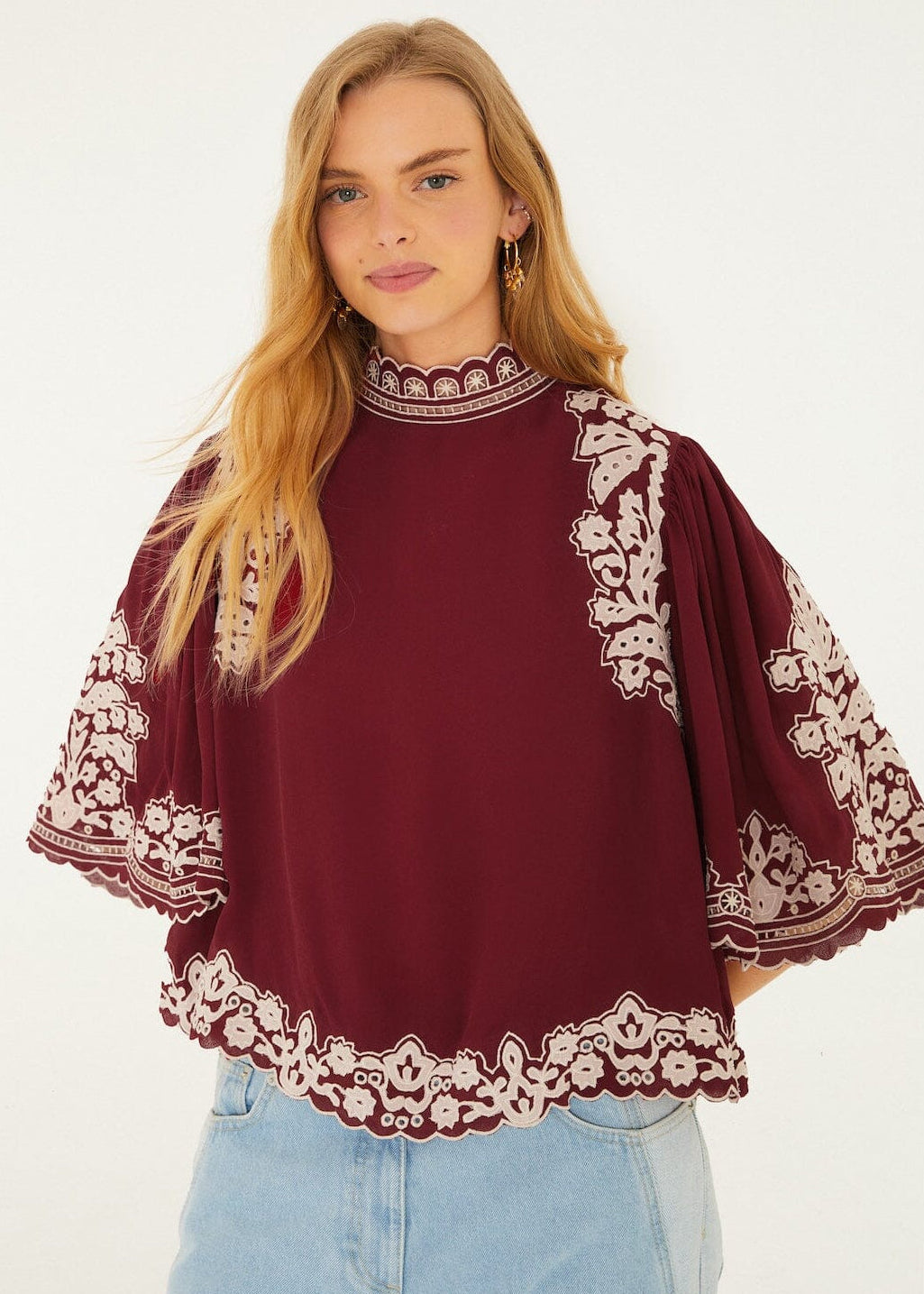 FARM Rio Bicolor Palm Tree Embroidery Blouse